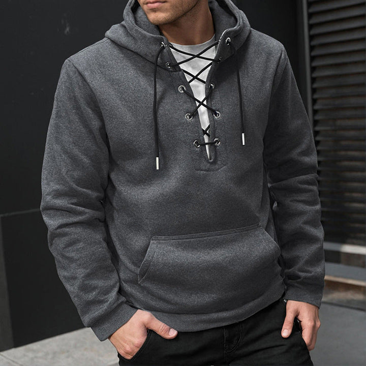 Men's Hoodie - Lace-up Front Detail Kangaroo Pocket | Casual