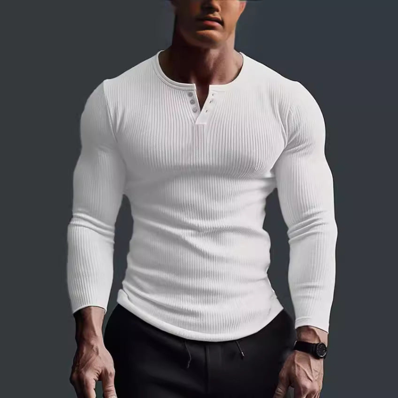 Men's T Shirt - Long Sleeve Slim Fit with Button Neck Detail | Casual
