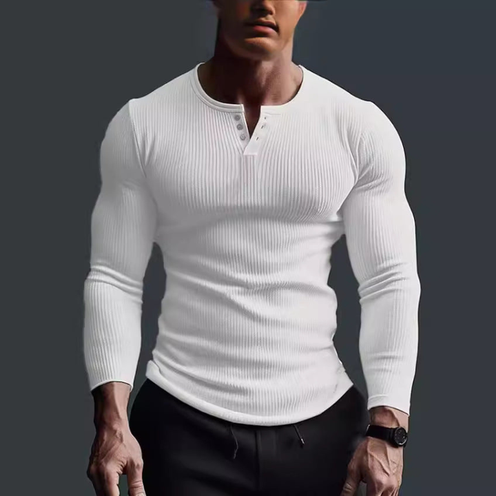 Men's T Shirt - Long Sleeve Slim Fit with Button Neck Detail | Casual
