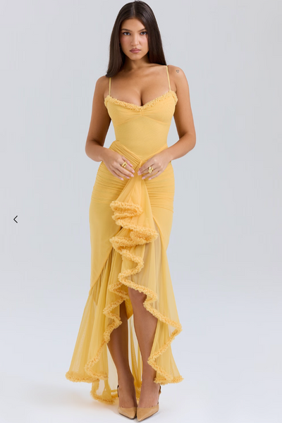 Maxi Dress Women - Sweetheart Strappy Ruffle Front Split | Elegant
