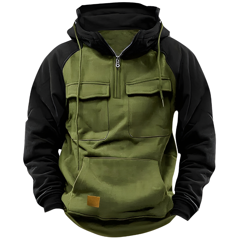 Men's Hoodie - Quarter Zip Contrast Sleeve Multi-Pocket | Casual