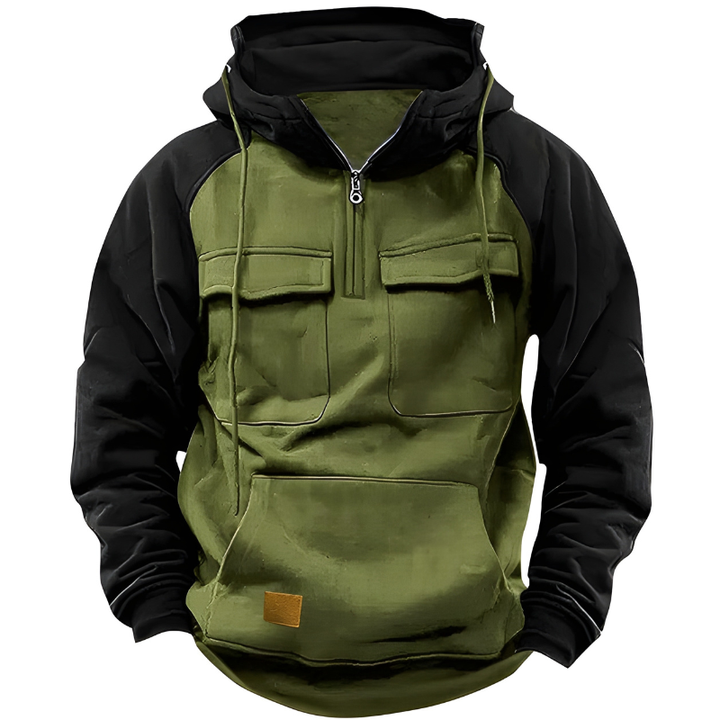 Men's Hoodie - Quarter Zip Contrast Sleeve Multi-Pocket | Casual