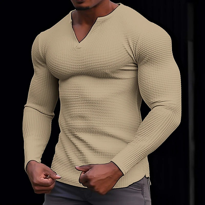 Men's T Shirt - Slim Fit Long Sleeve V-Neck with Ribbed Texture