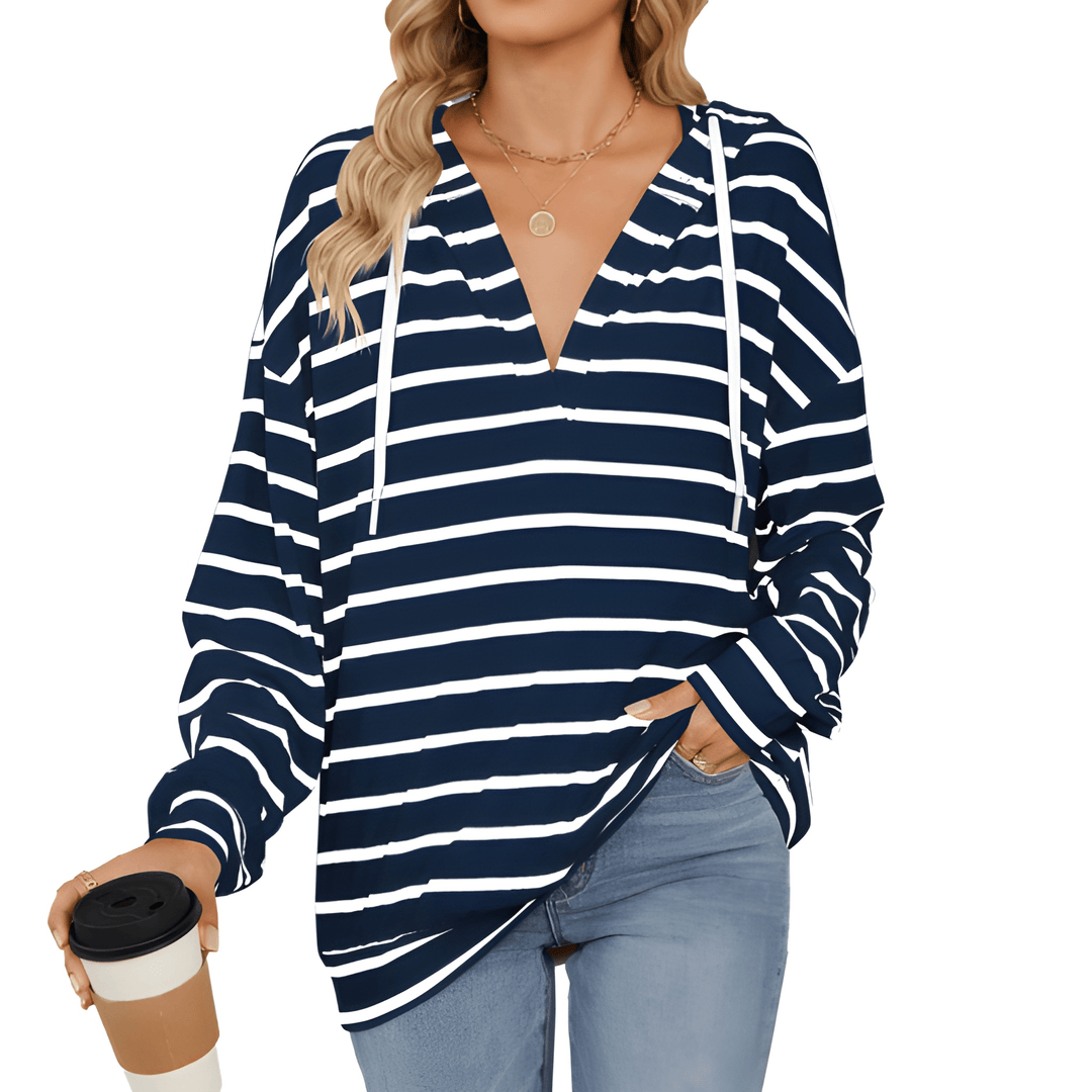 Women's Hoodie - Striped V-Neck Drawstring Long Sleeve Top | Casual