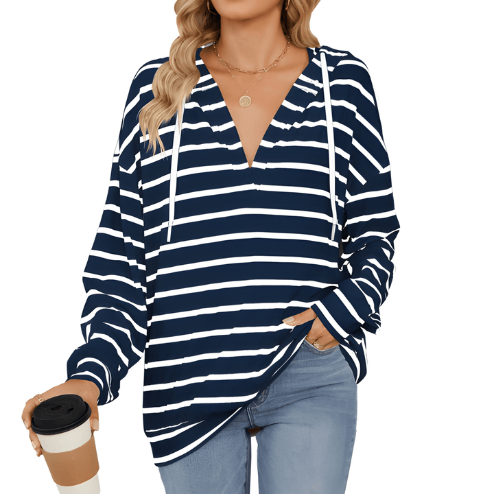 Women's Hoodie - Striped V-Neck Drawstring Long Sleeve Top | Casual