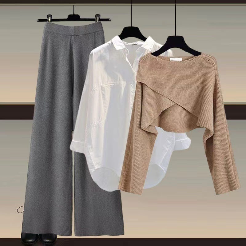 Women's Co-ord Set - Cropped Knit Top, Shirt and Wide Leg Trousers