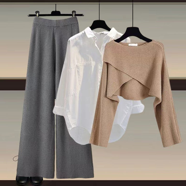 Women's Co-ord Set - Cropped Knit Top, Shirt and Wide Leg Trousers