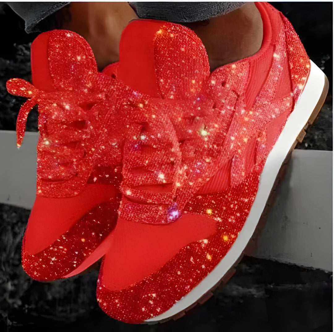 Women's Trainers - Glitter Lace Up Flat Sole Statement Sneaker | Casual