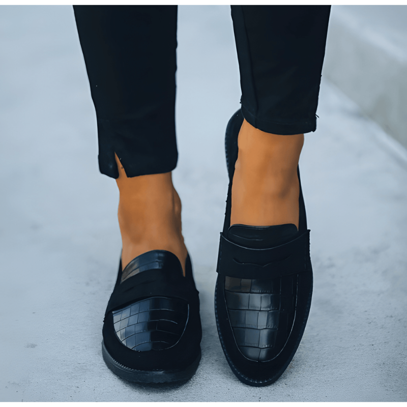 Women's Loafers - Flat Slip-On Croc Print Panel Round Toe | Smart Casual
