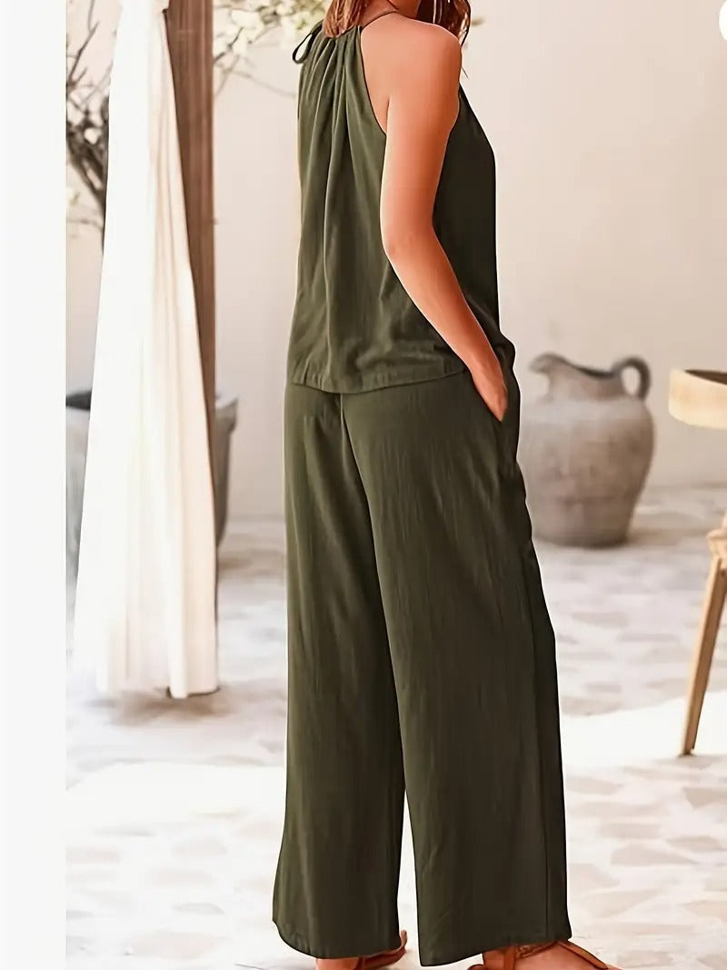 Women's Jumpsuit - Halter Neck Sleeveless Elasticated Waist Wide Leg | Summer