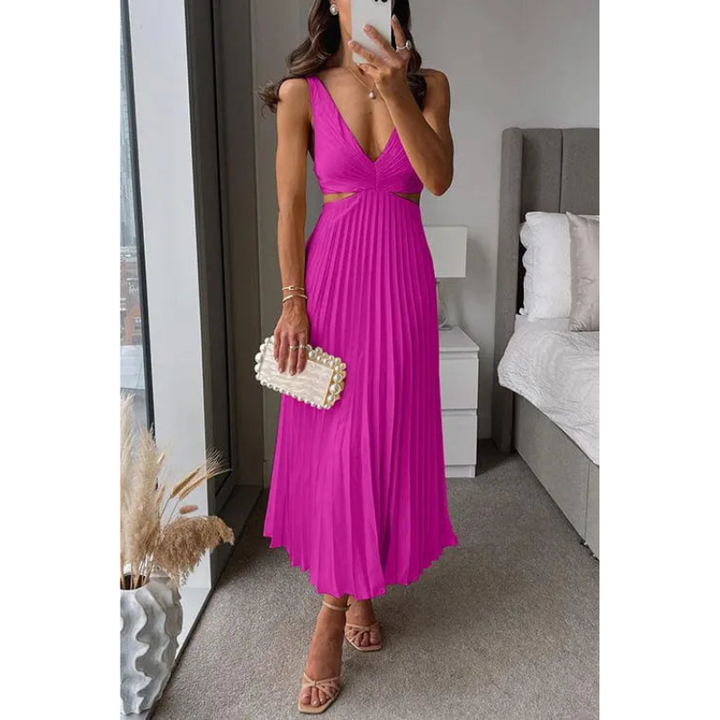 Midi Dress Women - V-Neck Strappy Cut Out Waist Pleated Skirt | Elegant