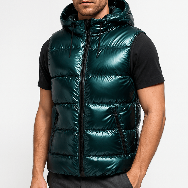 Men's Bodywarmer - Hooded Full Zip with Glossy Finish | Casual