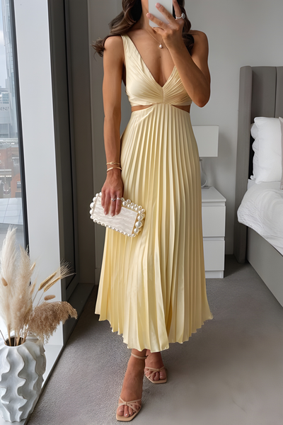 Midi Dress Women - Cut Out Pleated Skirt Deep V | Summer