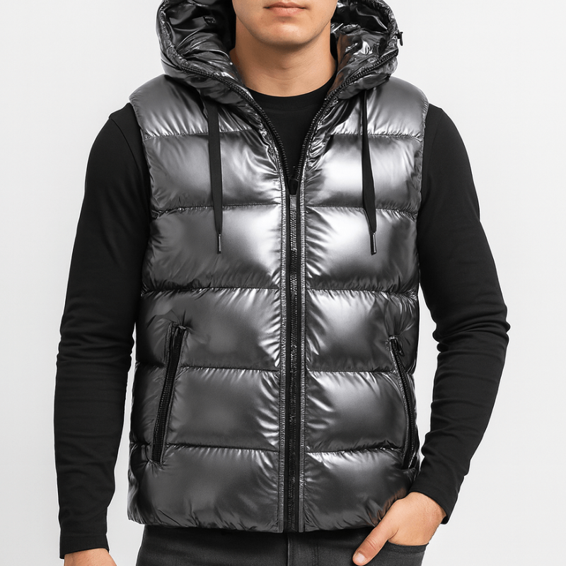 Men's Bodywarmer - Hooded Full Zip with Glossy Finish | Casual