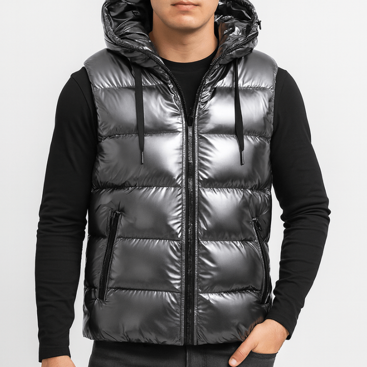 Men's Bodywarmer - Hooded Full Zip with Glossy Finish | Casual