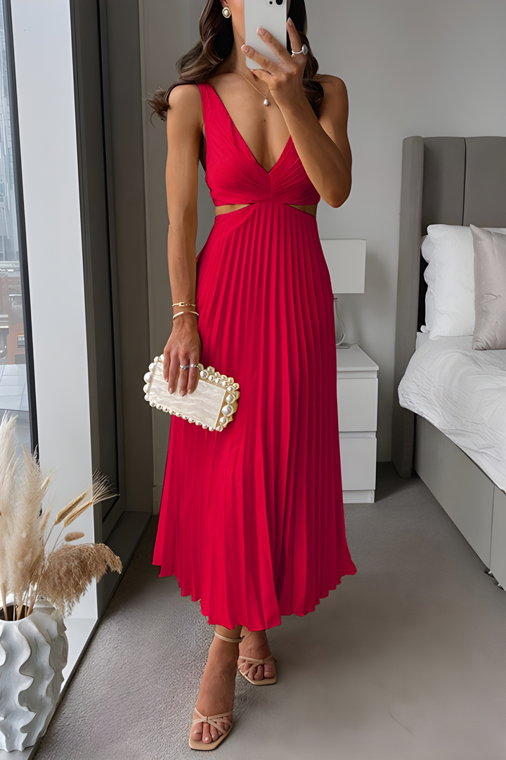 Midi Dress Women - Cut Out Pleated Skirt Deep V | Summer