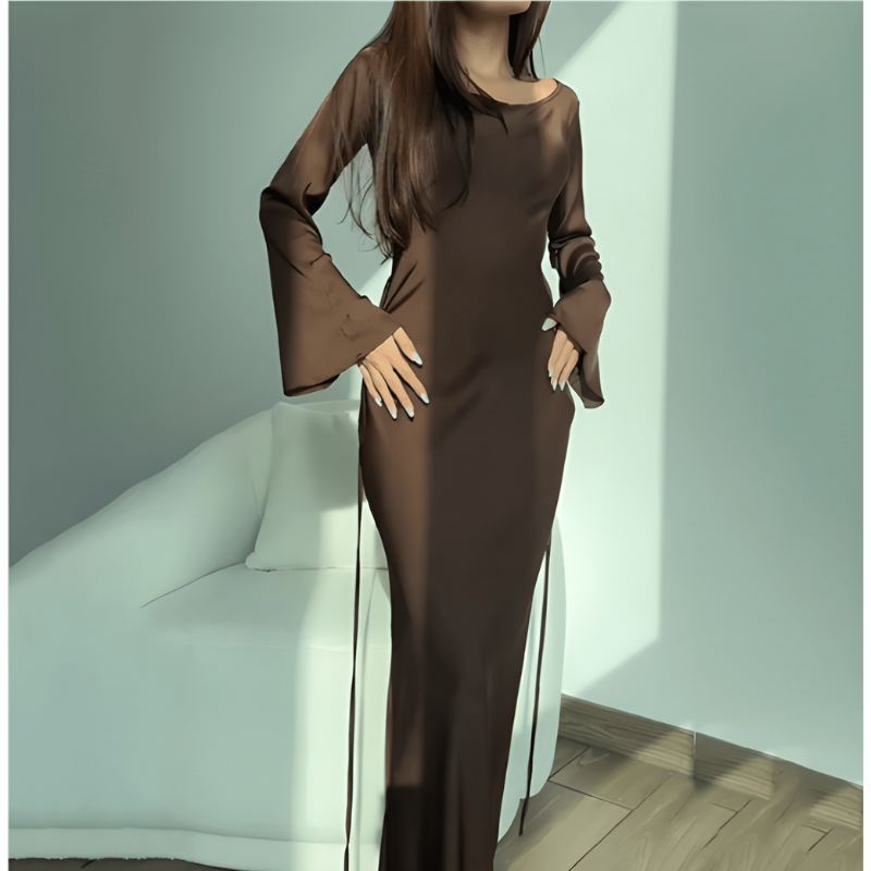 Maxi Dress Women - Fitted Long Sleeve with Open Back | Elegant