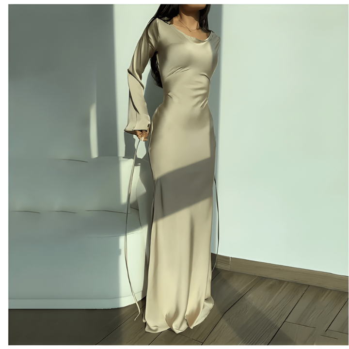 Maxi Dress Women - Fitted Long Sleeve with Open Back | Elegant