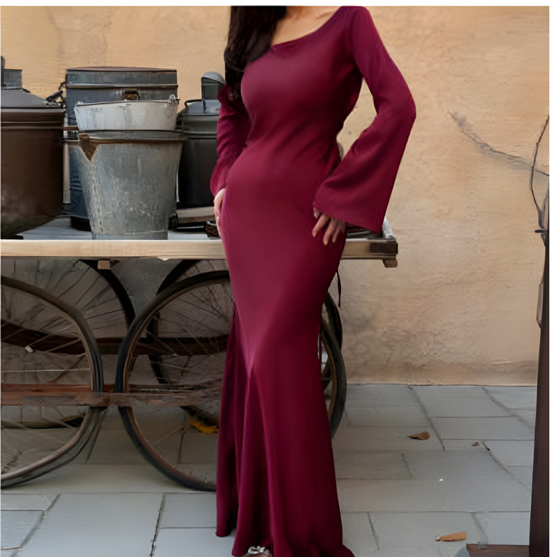 Maxi Dress Women - Fitted Long Sleeve with Open Back | Elegant