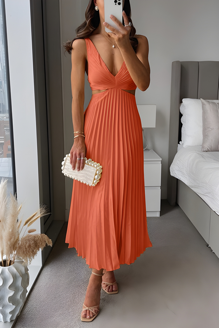 Midi Dress Women - Cut Out Pleated Skirt Deep V | Summer