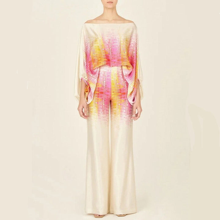 Co-Ord Set Women - Off Shoulder Wide Leg with Abstract Print