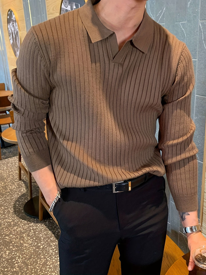 Men's Polo Shirt - Long Sleeve Ribbed Knit Open Collar | Casual