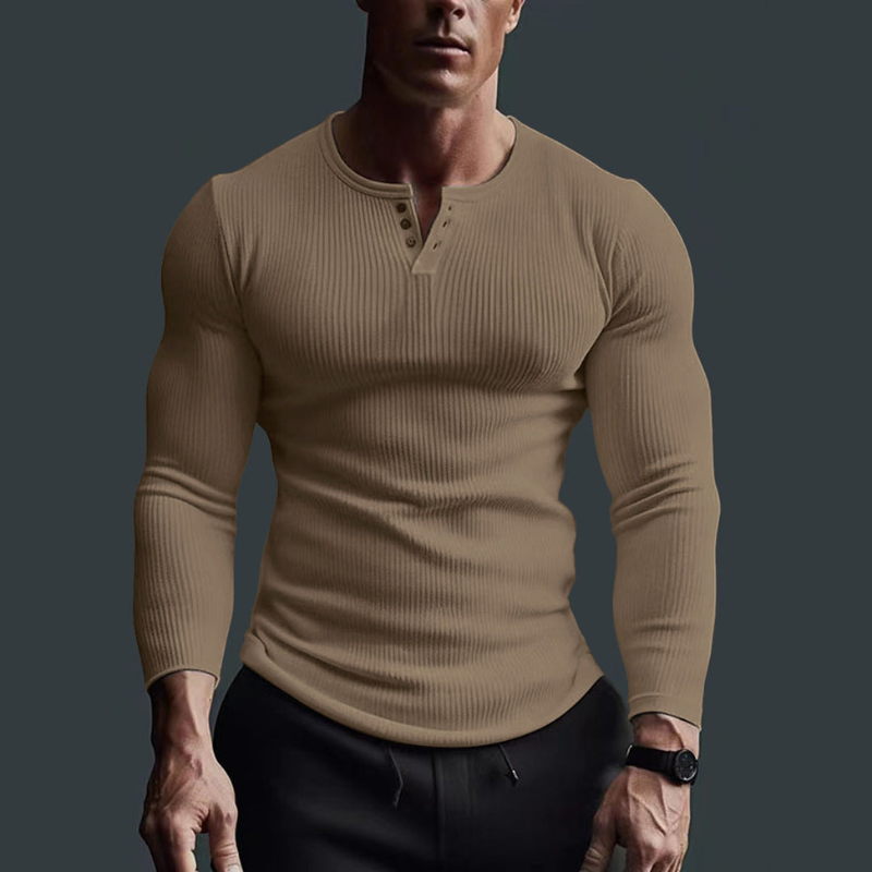 Men's T Shirt - Long Sleeve Slim Fit with Button Neck Detail | Casual
