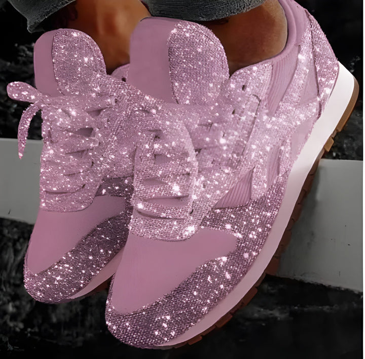 Women's Trainers - Glitter Lace Up Flat Sole Statement Sneaker | Casual