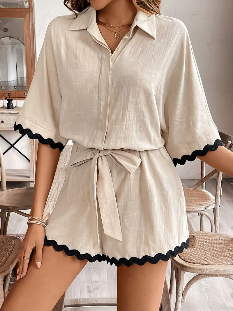 Women's Co-ord Set - Shirt and Shorts Contrast Trim Belted | Summer