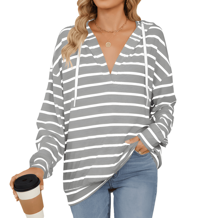 Women's Hoodie - Striped V-Neck Drawstring Long Sleeve Top | Casual