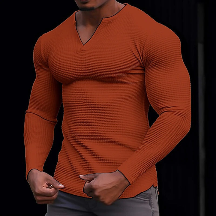 Men's T Shirt - Slim Fit Long Sleeve V-Neck with Ribbed Texture