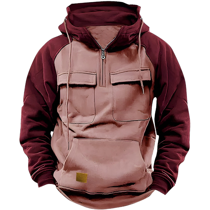 Men's Hoodie - Quarter Zip Contrast Sleeve Multi-Pocket | Casual
