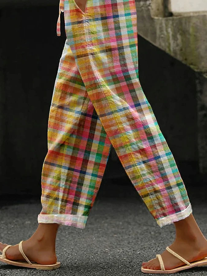 Women's Trousers - Cropped Wide Leg Checked Print with Pockets | Summer