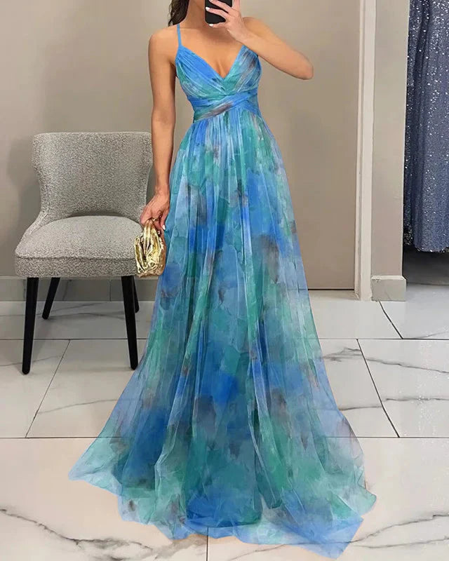 Maxi Dress Women - V-Neck Strappy Floral Ruched Waist | Elegant