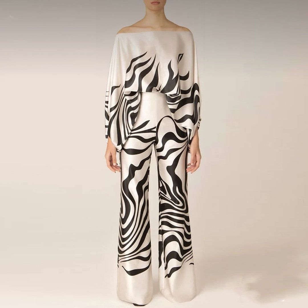 Co-Ord Set Women - Off Shoulder Wide Leg with Abstract Print