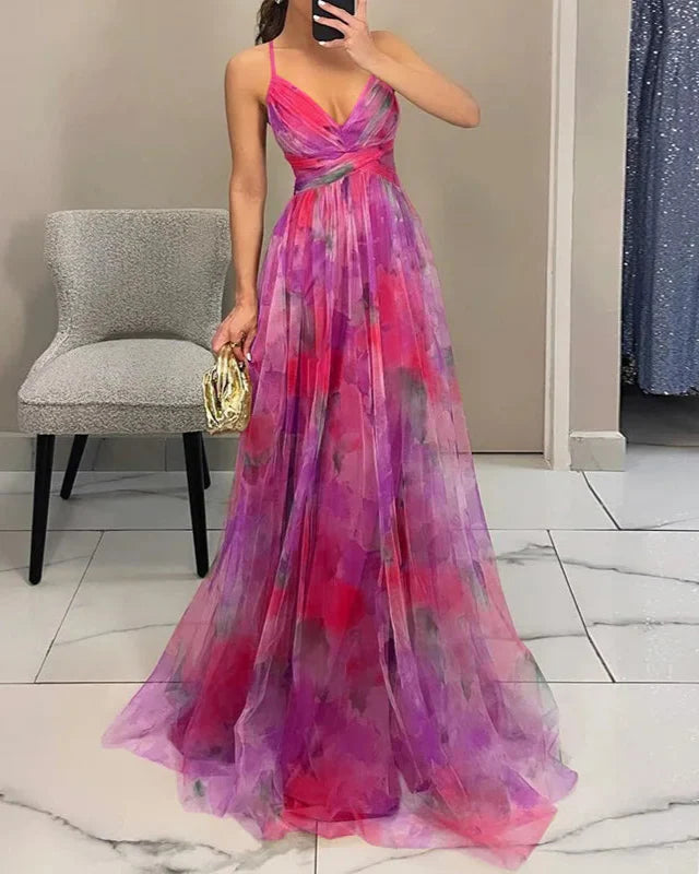 Maxi Dress Women - V-Neck Strappy Floral Ruched Waist | Elegant