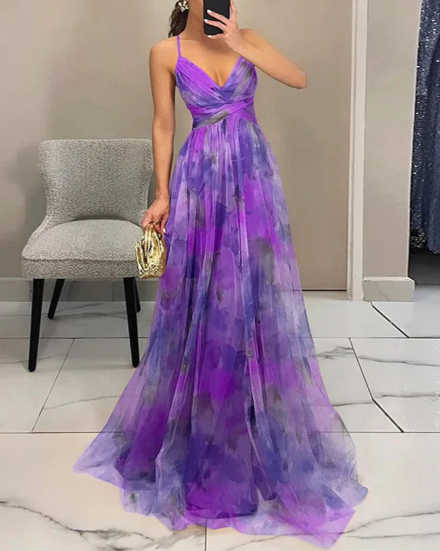 Maxi Dress Women - V-Neck Strappy Floral Ruched Waist | Elegant