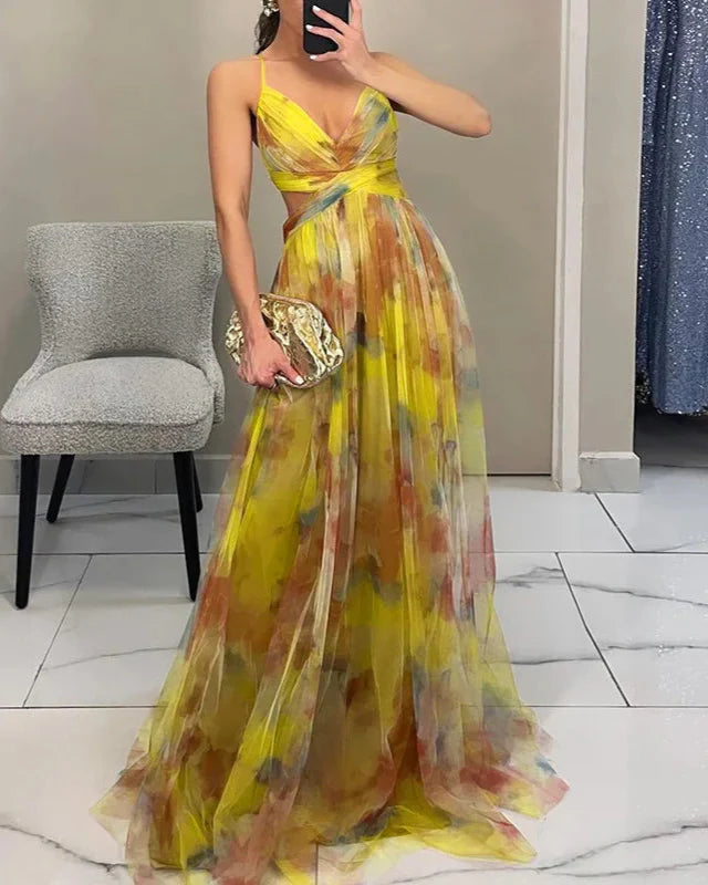 Maxi Dress Women - V-Neck Strappy Floral Ruched Waist | Elegant