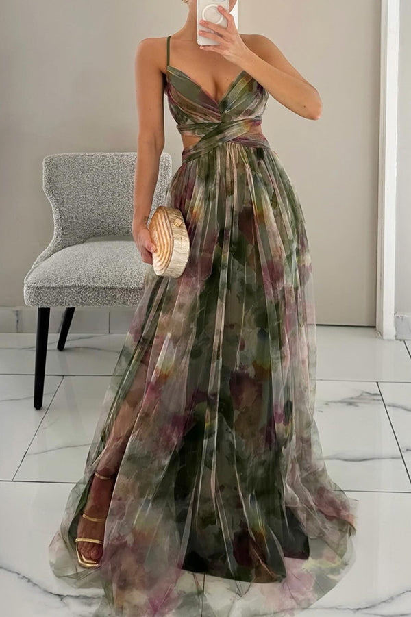 Maxi Dress Women - V-Neck Strappy Floral Ruched Waist | Elegant