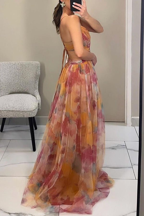 Maxi Dress Women - V-Neck Strappy Floral Ruched Waist | Elegant