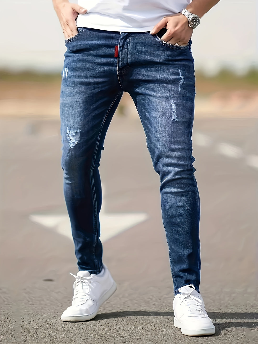 Men's Jeans - Skinny Fit Distressed with Dark Washed Finish | Casual