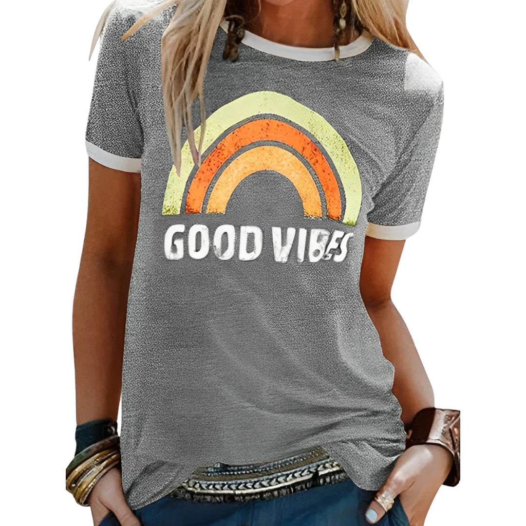 Women's T-Shirt - Graphic Rainbow Print Contrast Trim | Casual