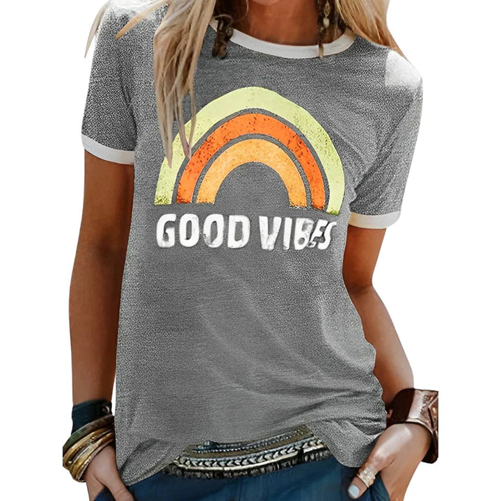 Women's T-Shirt - Graphic Rainbow Print Contrast Trim | Casual