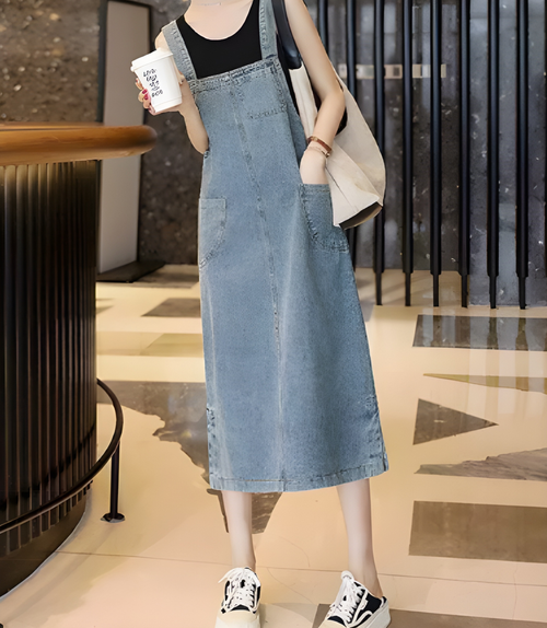 Midi Dress Women - Dungaree Pinafore with Front Pockets | Summer