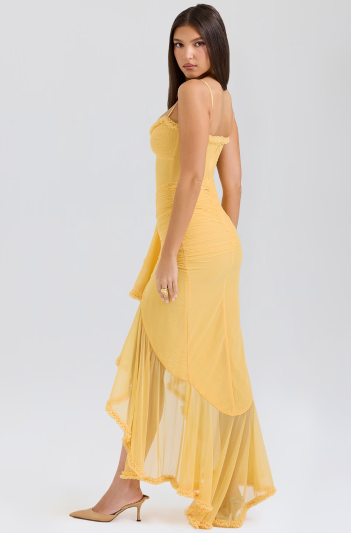 Maxi Dress Women - Sweetheart Strappy Ruffle Front Split | Elegant