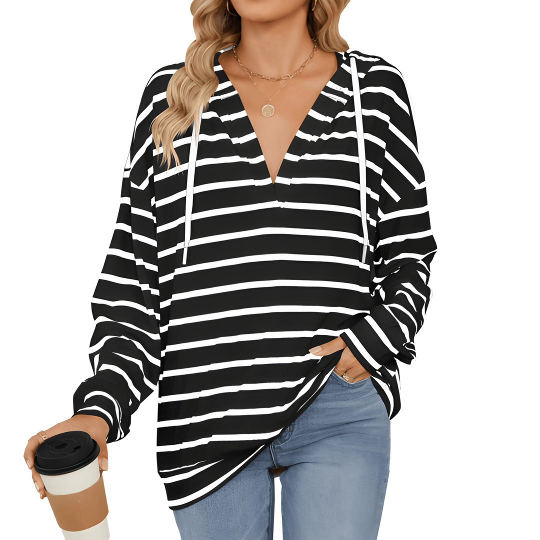 Women's Hoodie - Striped V-Neck Drawstring Long Sleeve Top | Casual
