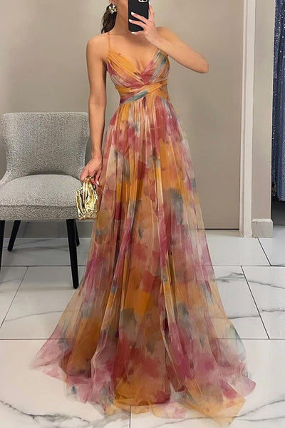 Maxi Dress Women - V-Neck Floral Strappy A-Line | Elegant