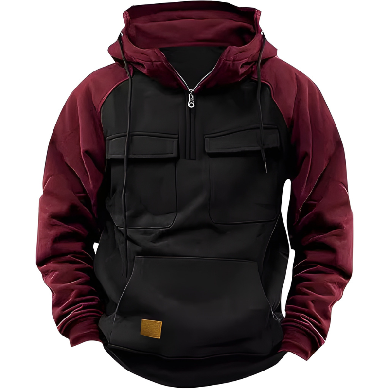 Men's Hoodie - Quarter Zip Contrast Sleeve Multi-Pocket | Casual