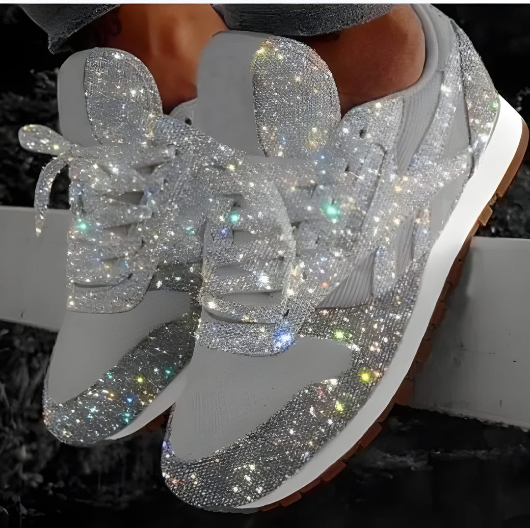 Women's Trainers - Glitter Lace Up Flat Sole Statement Sneaker | Casual