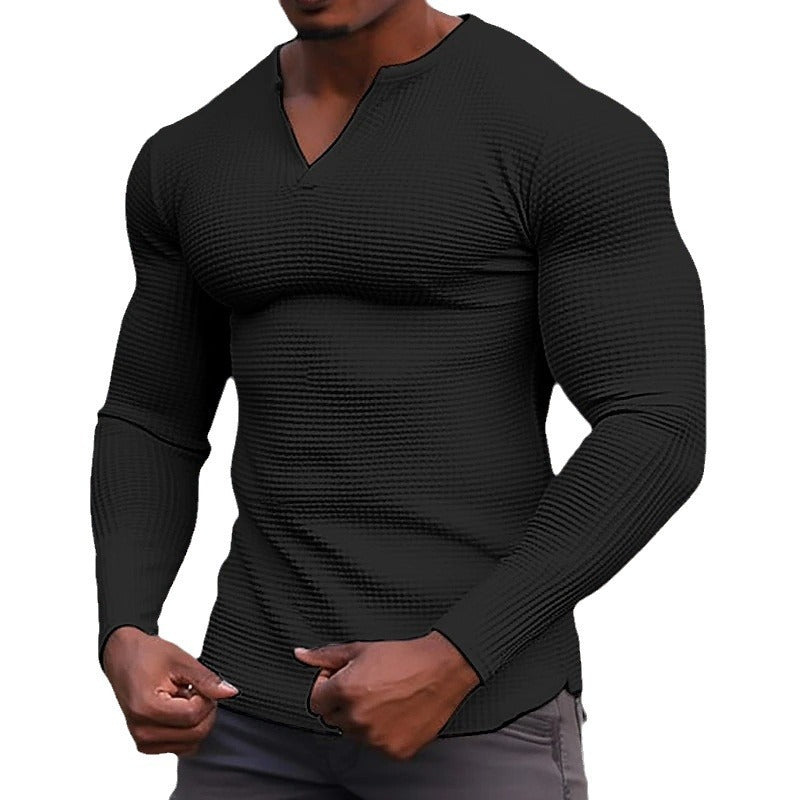 Men's T Shirt - Slim Fit Long Sleeve V-Neck with Ribbed Texture
